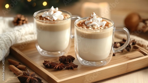 Two Cups of Whipped Coffee with Cinnamon and White Chocolate on a Wooden Tray