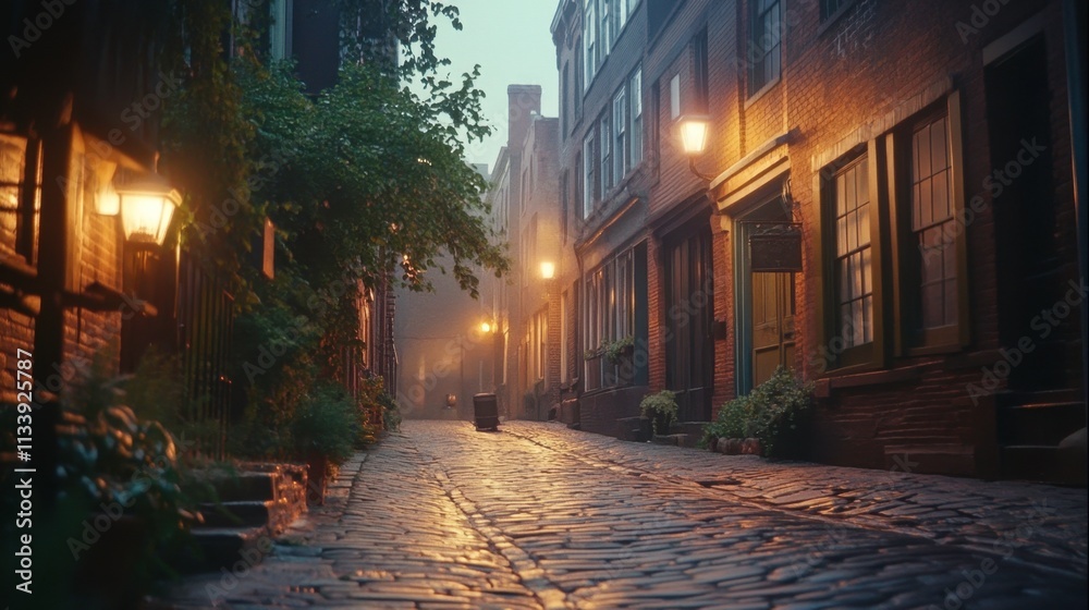Fototapeta premium A nostalgic film photograph of a quiet cobblestone street at dusk, with warm, natural light and soft grain adding vintage charm.