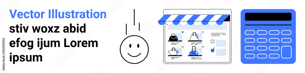 E-commerce webpage with multiple user profiles, happy face emoticon, and calculator with buttons. Ideal for online shopping, customer satisfaction, business analytics, sales tracking, financial E-commerce webpage with multiple user profiles, happy face emoticon, and calculator with buttons. Ideal for online shopping, customer satisfaction, business analytics, sales tracking, financial