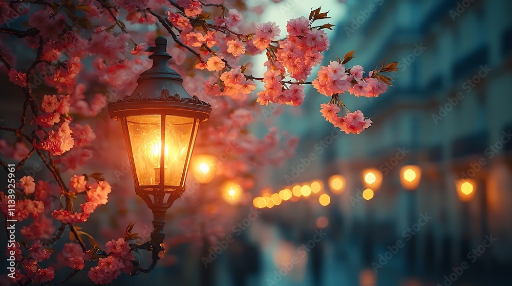 Enchanting Evening with Blooming Cherry Blossoms Lighting Up a Peaceful Urban Street