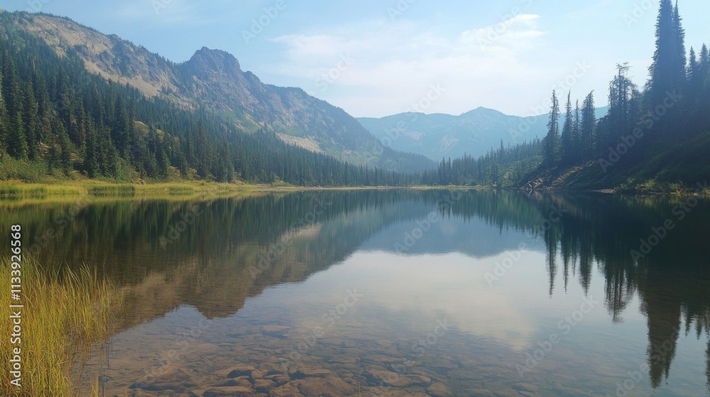 Serene Mountain Lake Reflecting Lush Green Forest and Hazy Skies Serene Mountain Lake Reflecting Lush Green Forest and Hazy Skies