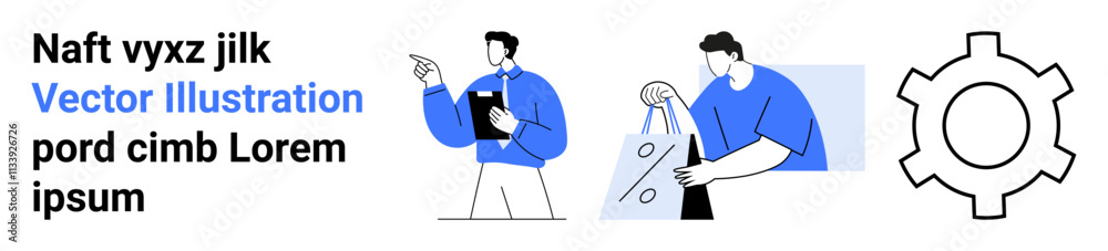 Two characters, one with a clipboard pointing, another holding shopping bags, alongside a gear icon and placeholder text. Ideal for business, teamwork, commerce, settings, presentations marketing Two characters, one with a clipboard pointing, another holding shopping bags, alongside a gear icon and placeholder text. Ideal for business, teamwork, commerce, settings, presentations marketing