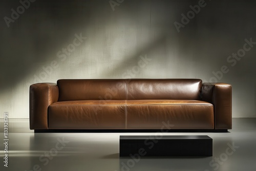 Minimalist Leather Sofa with Dramatic Lighting Positioned in Front of a Concrete Wall Background, Ideal for Contemporary Interior Design Showcase