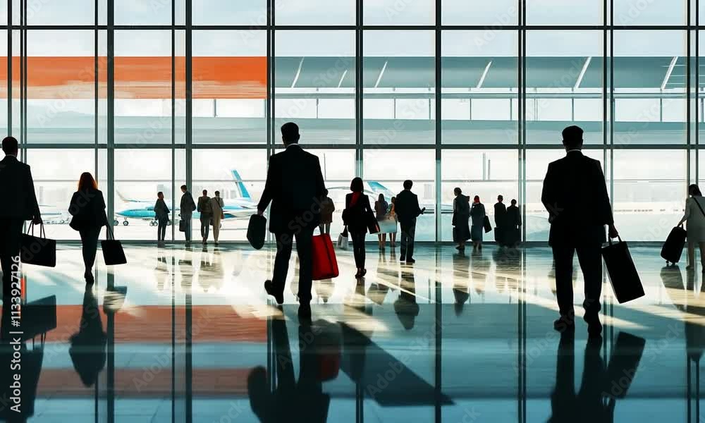 Airport Departure Lounge: Travelers silhouettes against a bright window showcasing airplanes and tarmac. Airport Departure Lounge: Travelers silhouettes against a bright window showcasing airplanes and tarmac.