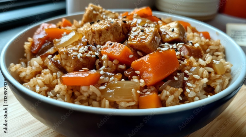 Bowl of Teriyaki Tofu, Carrots, and Rice Topped with Sesame Seeds Bowl of Teriyaki Tofu, Carrots, and Rice Topped with Sesame Seeds
