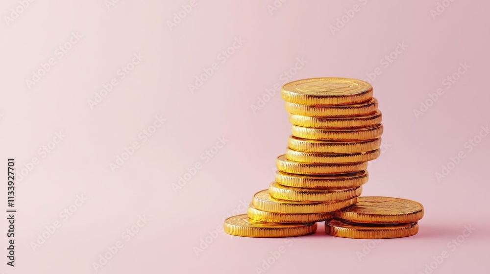 A stack of golden coins against a soft pink background, symbolizing wealth and prosperity. A stack of golden coins against a soft pink background, symbolizing wealth and prosperity.