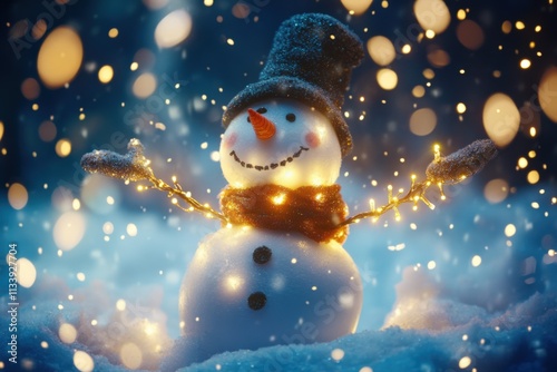 cheerful snowman with glowing lights in winter wonderland