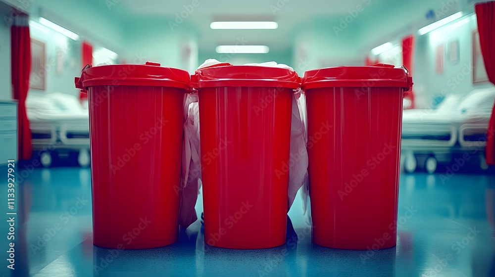 Three red medical waste bins in a hospital corridor. Three red medical waste bins in a hospital corridor.