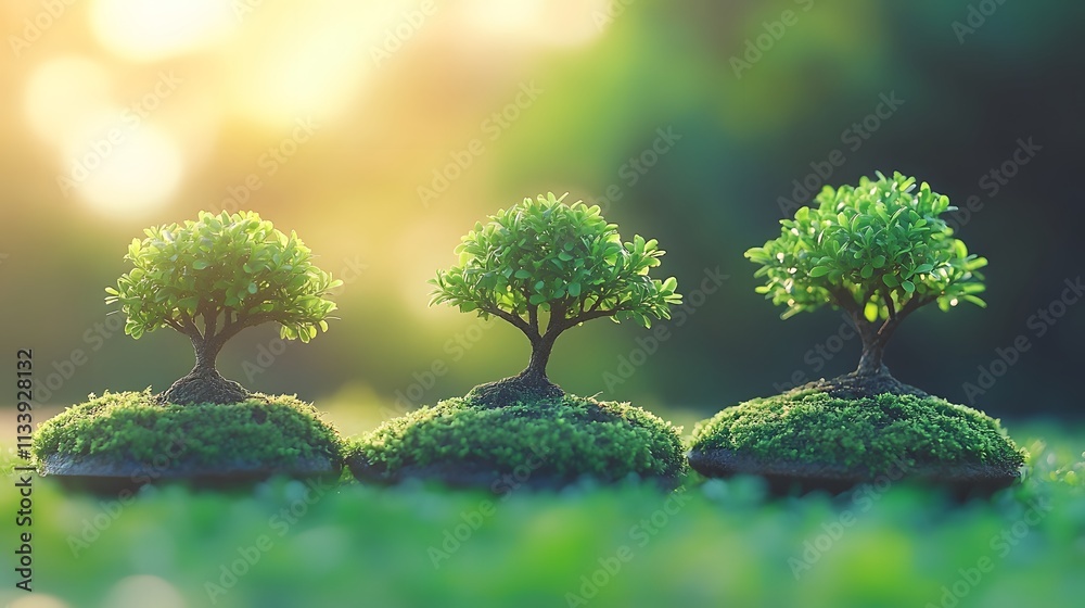 Three small trees on moss, illuminated by sunset. Three small trees on moss, illuminated by sunset.