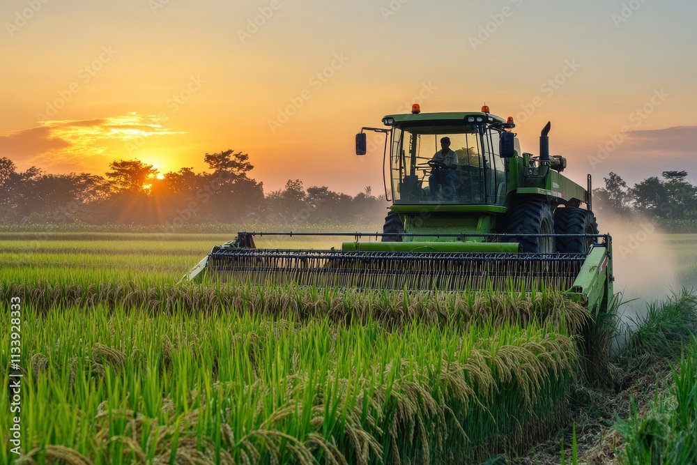 Fototapeta premium Modern Agricultural Harvester in Ripe Paddy Field During Golden Hour Under Clear Blue Sky
