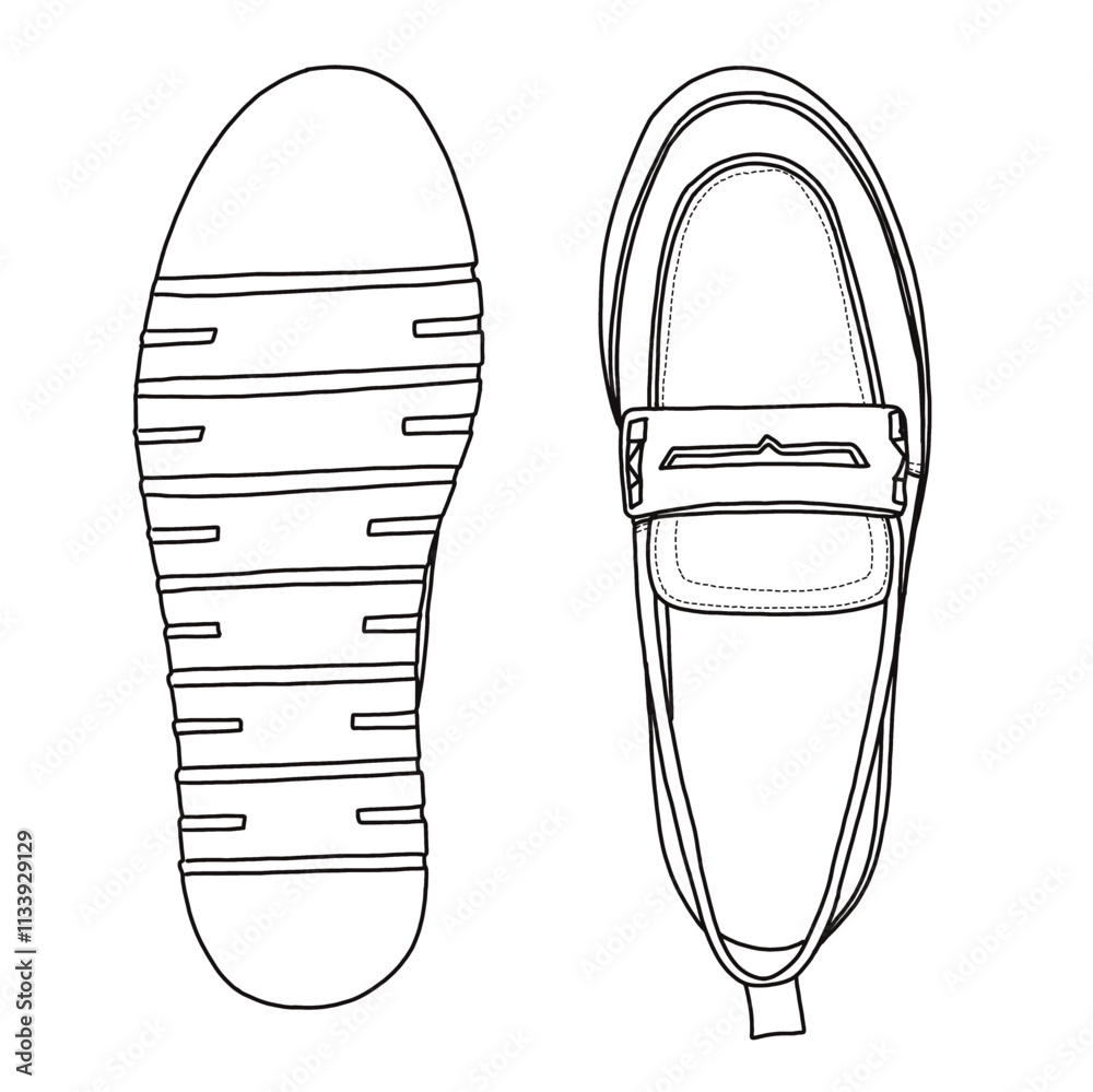 Women's Slip-on Loafer with strap Pairs Shoes Line art, Technical sketch hand drawing outline vector doodle top and bottom view isolated on white background for coloring page Women's Slip-on Loafer with strap Pairs Shoes Line art, Technical sketch hand drawing outline vector doodle top and bottom view isolated on white background for coloring page
