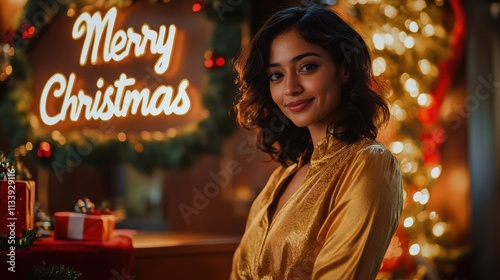 Half body shot of an Indian woman with wavy hair, wearing a gold blouse, standing near a reception desk adorned with Christmas decorations and a 