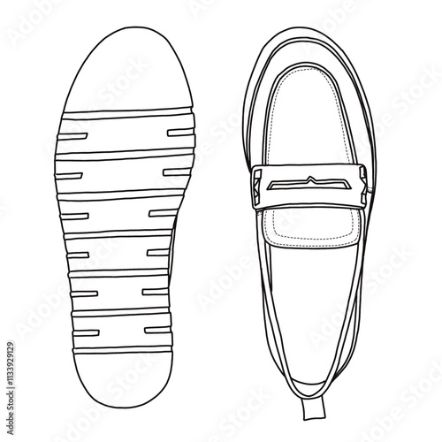 Women's Slip-on Loafer with strap Pairs Shoes Line art, Technical sketch hand drawing outline vector doodle top and bottom view isolated on white background for coloring page