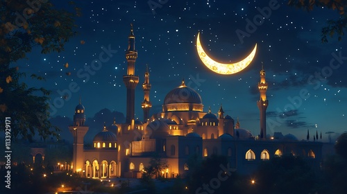 Night Scene of a Mosque Under a Crescent Moon and Starry Sky photo