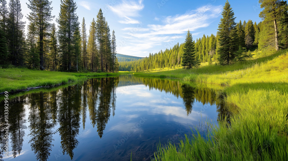 a forest clearing with a small pond reflecting the trees a forest clearing with a small pond reflecting the trees