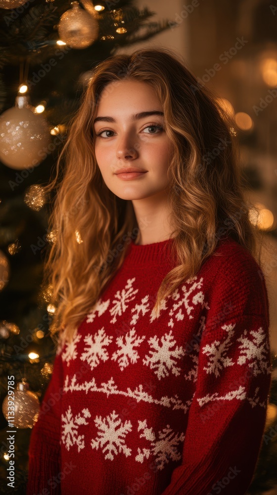 Portrait of a Caucasian woman in a red sweater with white snowflakes, standing by a decorated Christmas tree, with a soft golden studio backdrop, Christmas festive season, holiday celebration, copy Portrait of a Caucasian woman in a red sweater with white snowflakes, standing by a decorated Christmas tree, with a soft golden studio backdrop, Christmas festive season, holiday celebration, copy