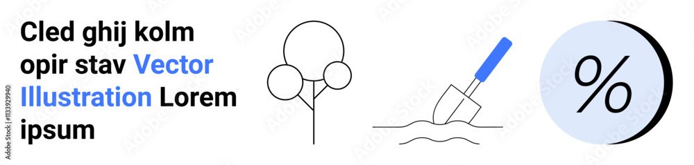 Elements include a minimalist tree, gardening shovel in soil, and percentage symbol. Ideal for finance, gardening, environmental, educational, infographic, marketing, and web design themes. Landing Elements include a minimalist tree, gardening shovel in soil, and percentage symbol. Ideal for finance, gardening, environmental, educational, infographic, marketing, and web design themes. Landing