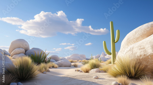 a rocky desert landscape with towering boulders and cacti