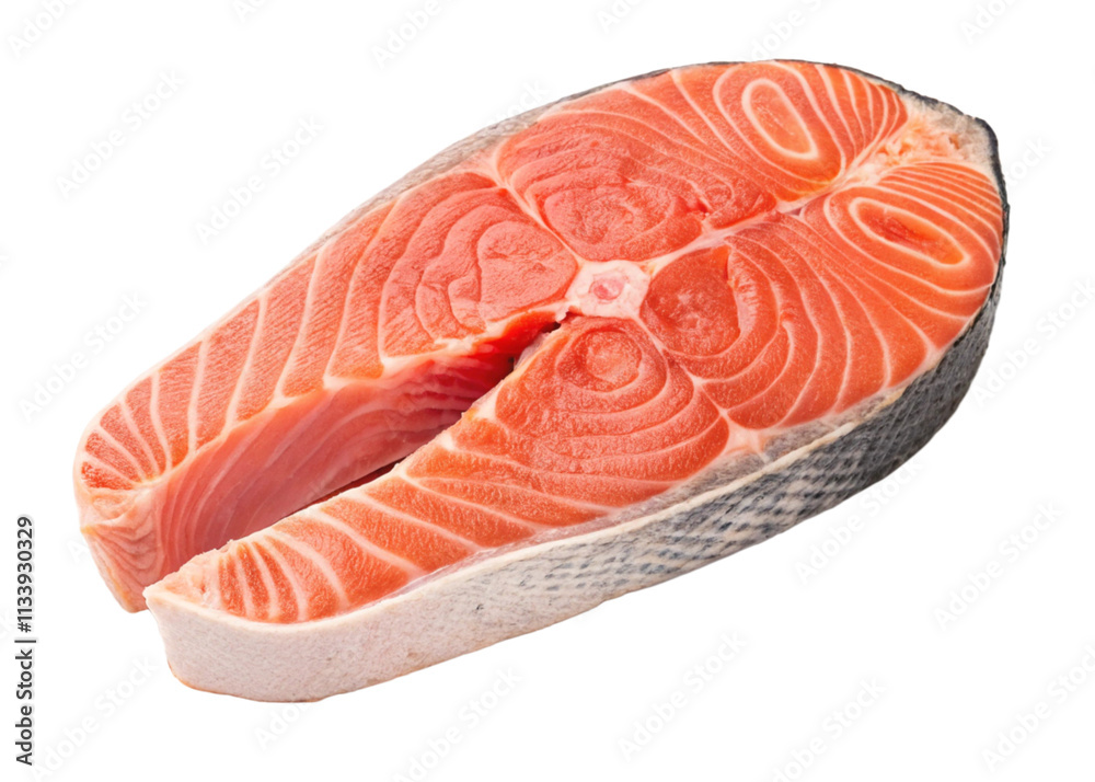 Salmon steaks with vibrant orange flesh and visible bone structure on a transparent background Salmon steaks with vibrant orange flesh and visible bone structure on a transparent background