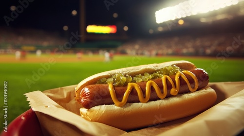 A traditional hot dog served at a baseball game, with sausage, mustard, and relish, on a paper tray photo