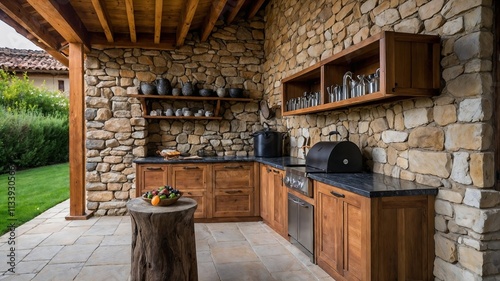 Yard kitchen facade of stone and wood. Outdoor kitchen on a brick patio with barbecue photo