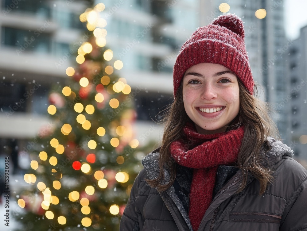 smiling person in winter attire with holiday lights smiling person in winter attire with holiday lights