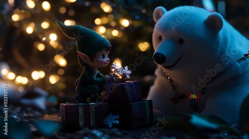 Christmas Elf and Polar Bear Sharing Festive Gifts