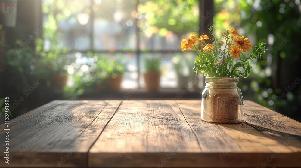 a jar with flowers on a wooden table in front of a window a jar with flowers on a wooden table in front of a window