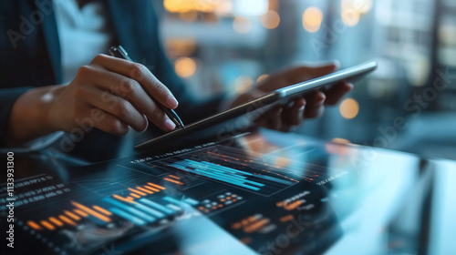 A business professional analyzing market data on a digital tablet, surrounded by financial charts and graphs in a modern office. 