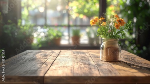 a jar with flowers on a wooden table in front of a window photo