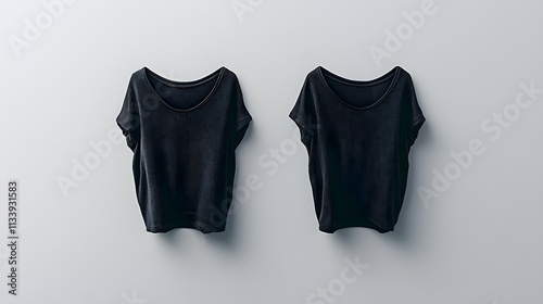 Two black t-shirts hanging on a gray wall.