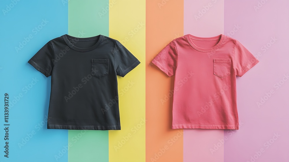 Two blank t-shirts, black and pink, on rainbow background. Two blank t-shirts, black and pink, on rainbow background.