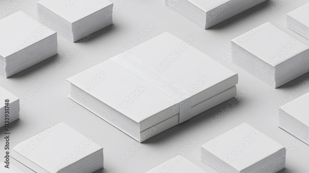 Two blank books stacked amongst many others, creating a clean, minimalist pattern. Two blank books stacked amongst many others, creating a clean, minimalist pattern.