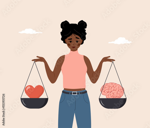 Heart and Brain Balance. Rational reasonable and emotional choice. Cartoon African Female character looking at brain and heart on seesaw. Flat Vector illustration.