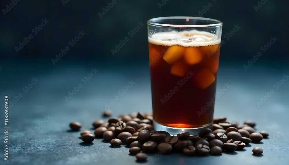 Glass of cold coffee and coffee beans on the grey stone background Glass of cold coffee and coffee beans on the grey stone background