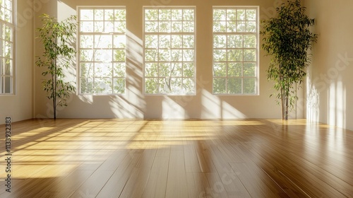 Empty yoga studio with bamboo floors. 