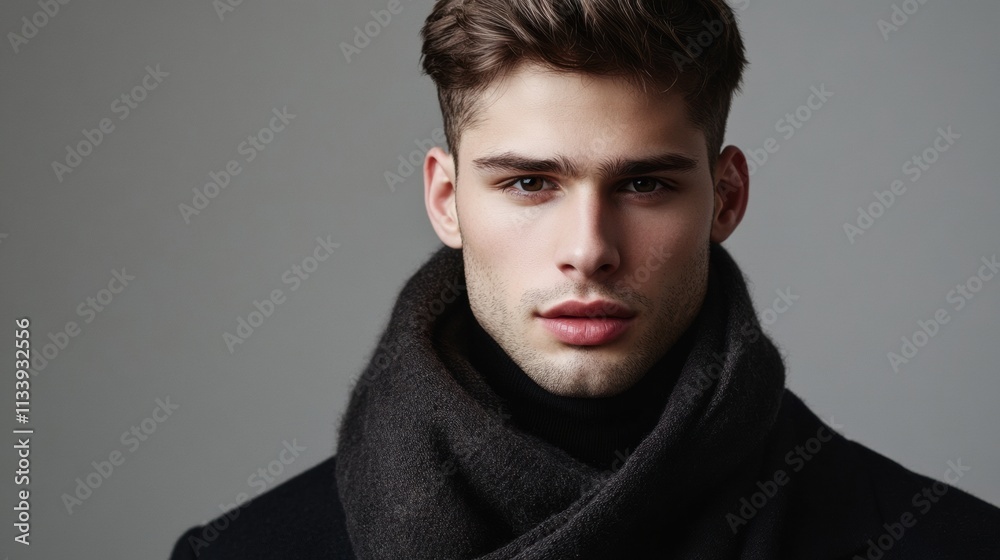 Fototapeta premium A young man in a minimalist outfit, with a clean-shaven face and focused expression, standing confidently in front of a smooth gray backdrop
