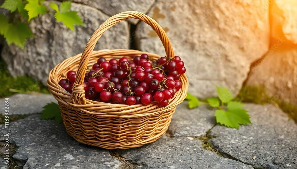 Ripe red currants in a wicker basket on grey stone background Ripe red currants in a wicker basket on grey stone background
