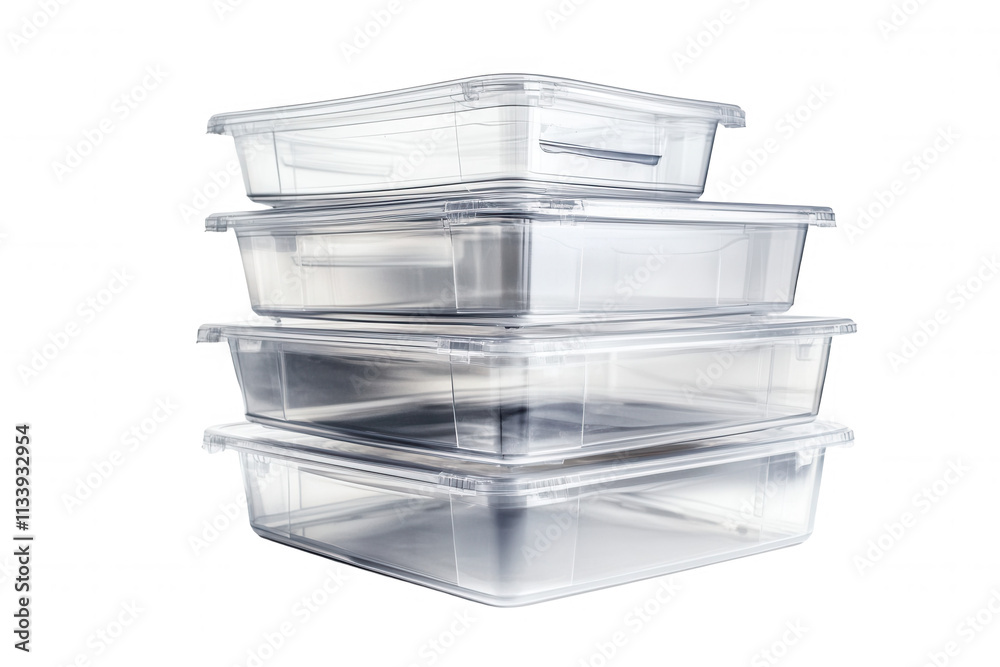 Obraz premium Isolated on a transparent background. Stack of four clear plastic storage containers on white background.