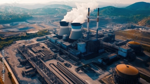 An aerial view of a lignite power plant complex, showcasing coal storage yards and vast industrial equipment