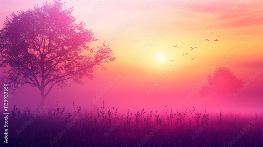 Vibrant sunrise over a misty field with trees and flying birds Vibrant sunrise over a misty field with trees and flying birds
