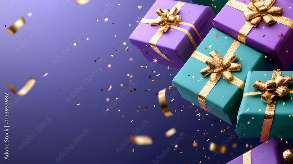 Colorful presents falling with confetti. Colorful presents falling with confetti.