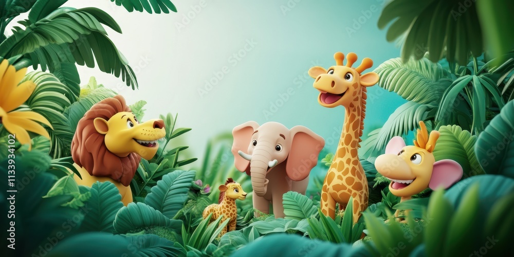 Fototapeta premium Adorable Cartoon Animals in Lush Tropical Jungle Setting A Delightful 3D Render of Playful Wildlife Amidst Vibrant Foliage