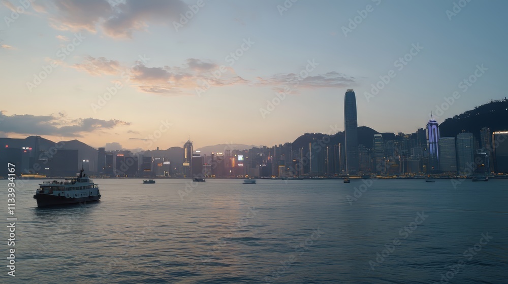 Fototapeta premium Dusk over Hong Kong harbor with a ferry sailing past the skyline.