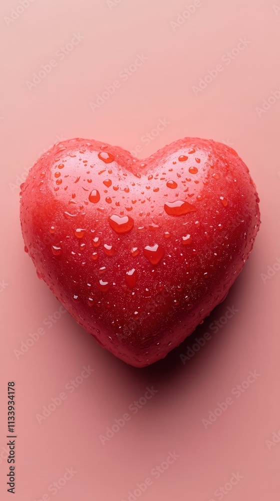 Fototapeta premium A glossy red heart is positioned on a smooth pink surface, adorned with tiny water droplets that catch the light, adding a fresh and vibrant appearance. The simple yet striking design evokes feelings 