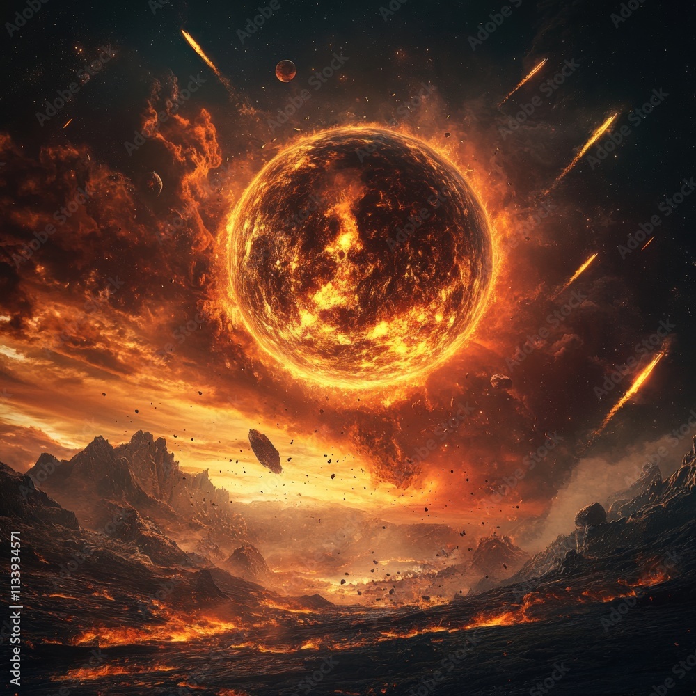 dramatic cosmic explosion in a fiery landscape dramatic cosmic explosion in a fiery landscape