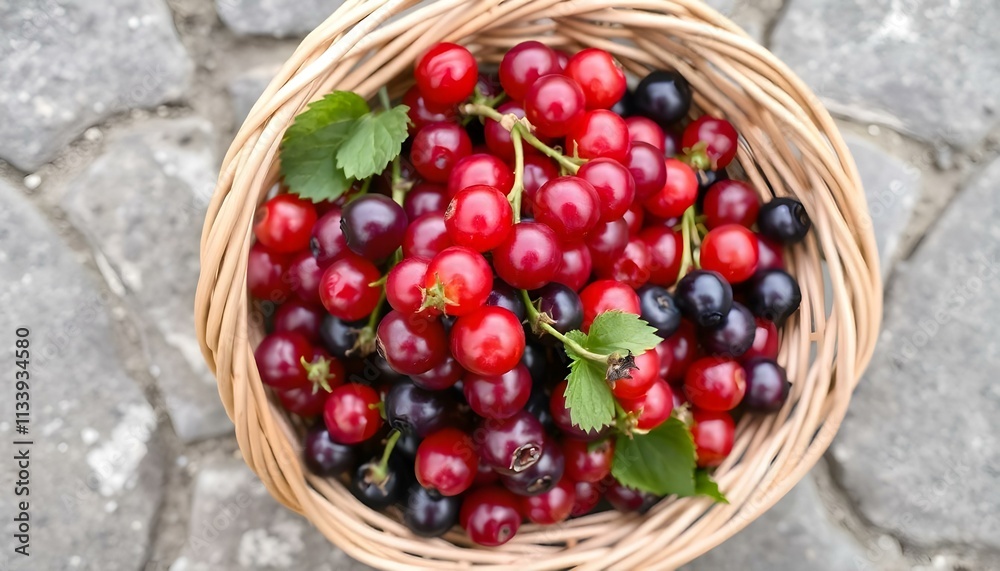 Ripe red currants in a wicker basket on grey stone background Ripe red currants in a wicker basket on grey stone background