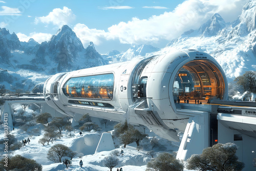 A futuristic structure set in a snowy landscape, combining nature and advanced technology.