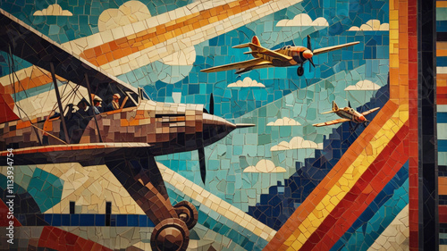 Mosaic  of aviation pioneers in 1930s Soviet avant-garde style with vintage airplanes