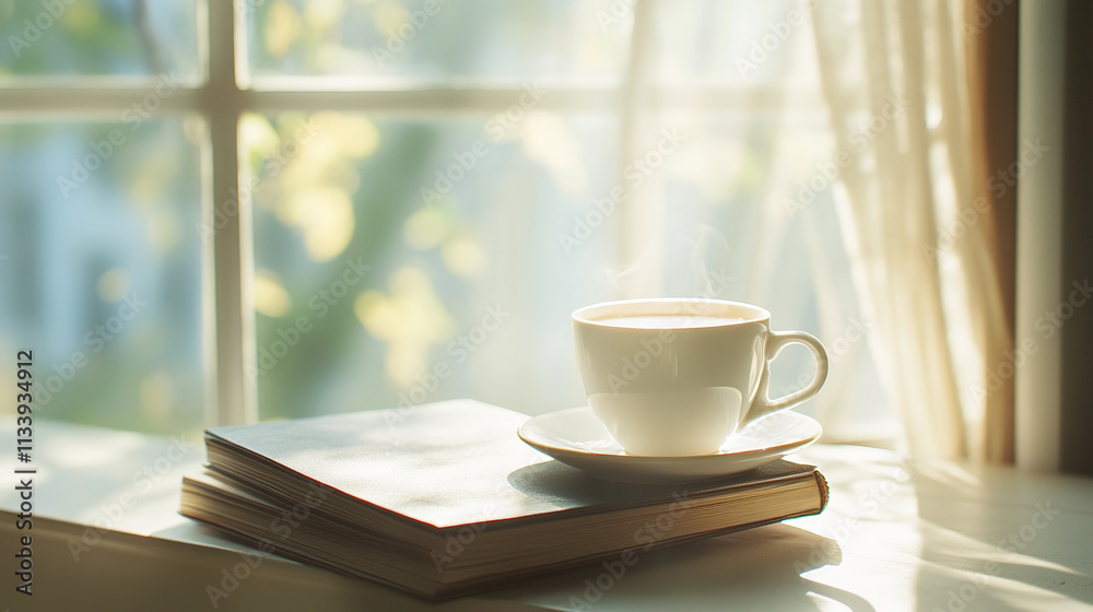 A close-up of a white coffee cup on a stack of books, placed on a windowsill. Sunlight streams through the window, casting soft shadows and creating a peaceful, cozy atmosphere A close-up of a white coffee cup on a stack of books, placed on a windowsill. Sunlight streams through the window, casting soft shadows and creating a peaceful, cozy atmosphere